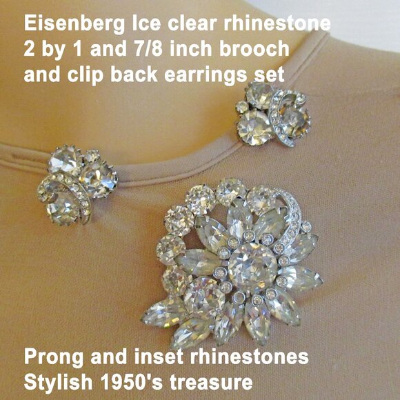 Eisenberg Ice clear rhinestone 2 x 1 and 7/8 brooch & clip back earrings, 1950's - Picture 1 of 14